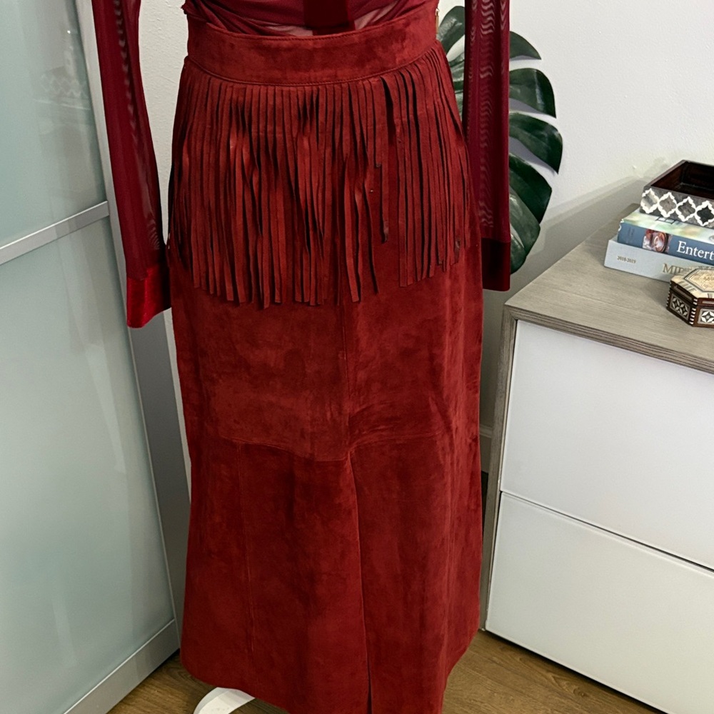 Rachel Zoe Deep Red Maxi Skirt with Fringe